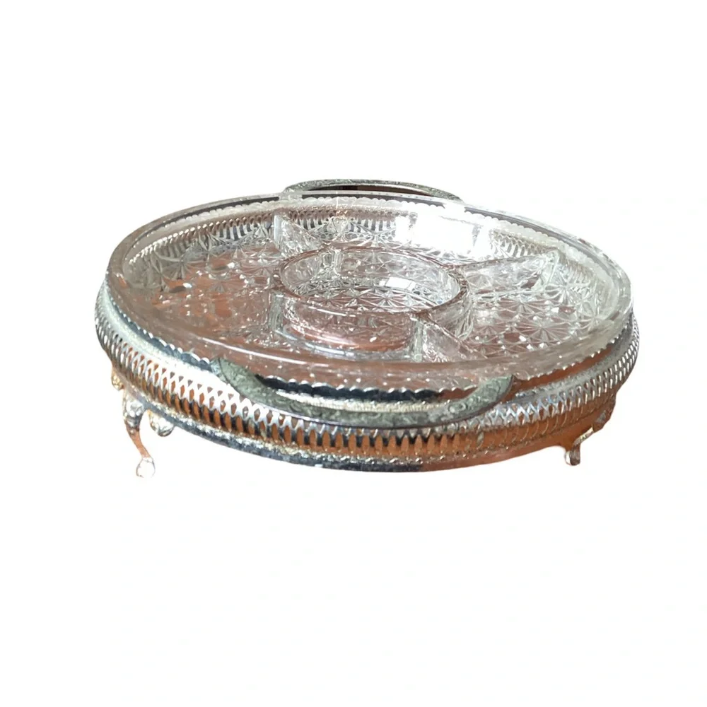 🌺 Vintage Clear Glass Divided Serving Tray w/Silvertone Metal Holder